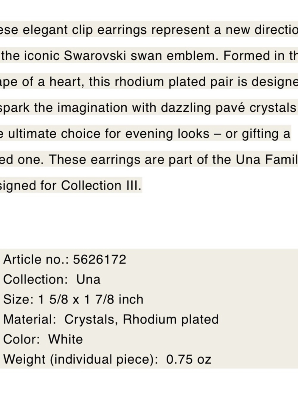 Swarovski "una" Rhodium plates Crystal Heart Hoop Earrings swans.. clip on - Picture 5 of 5